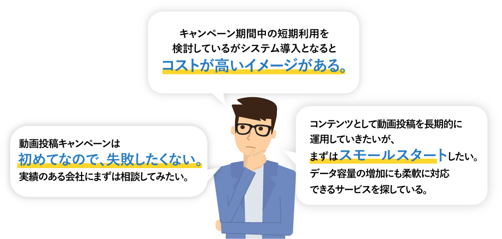 キャンペーン期間中の短期利用を検討しているがシステム導入となるとコストが心配...　動画投稿キャンペーンは初めてなので、失敗したくない。実績のある会社にまずは相談してみたい。　常設のコンテンツに動画配信を採用したいが、長期的な運用となるのでサポート面が心配。データ容量の増加にも対応できるサービスが望ましい。