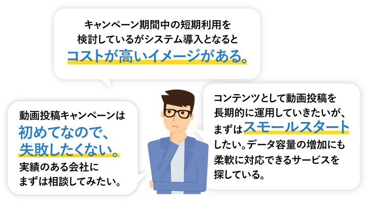 キャンペーン期間中の短期利用を検討しているがシステム導入となるとコストが心配...　動画投稿キャンペーンは初めてなので、失敗したくない。実績のある会社にまずは相談してみたい。　常設のコンテンツに動画配信を採用したいが、長期的な運用となるのでサポート面が心配。データ容量の増加にも対応できるサービスが望ましい。