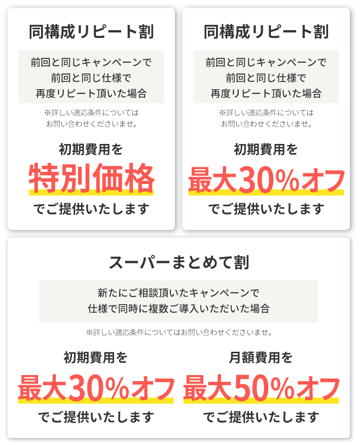 <事例掲載割>弊社営業ツールへの事例掲載を許可して頂いた場合、月額費用を特別価格でご提供いたします。　<同構成リピート割>前回と同じキャンペーンで前回と同じ仕様で再度リピート頂いた場合、初期費用を最大30％オフでご提供いたします。　<スーパーまとめて割>新たにご相談頂いたキャンペーンで仕様で同時に複数ご導入いただいた場合、初期費用を最大30％オフ月額費用を最大50％オフでご提供いたします。　※詳しい適応条件についてはお問い合わせくださいませ。