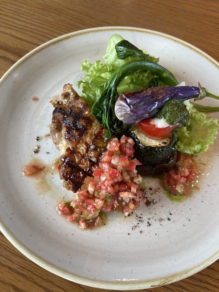夏野菜とモッツアレラの重ね焼き　鶏もものグリル