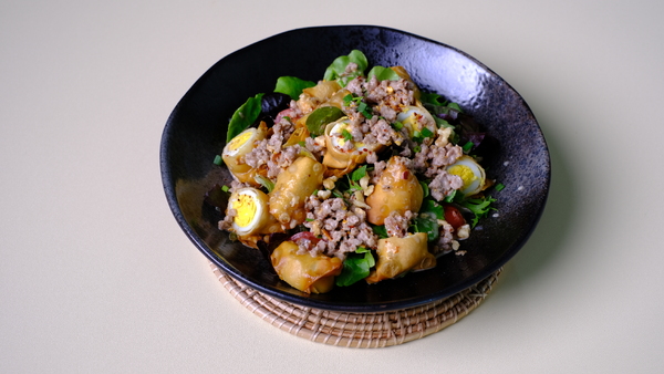 Spicy Thai Salad with Crispy Quail Egg Wontons