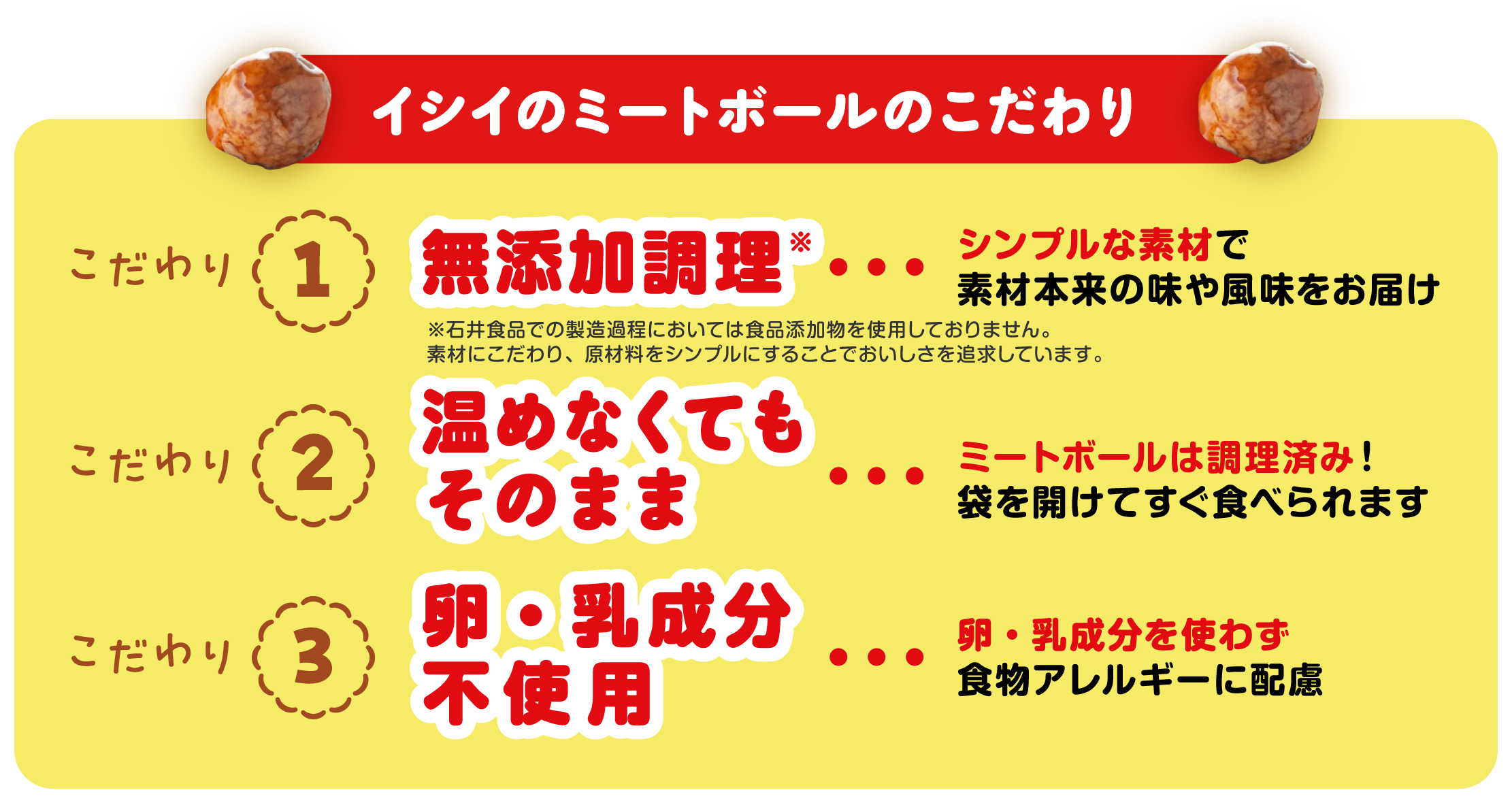 イシイのミートボールのこだわり こだわり1：無添加調理※ ※石井食品での製造過程においては食品添加物を使用しておりません。素材にこだわり、原材料をシンプルにすることでおいしさを追求しています。 シンプルな素材で素材本来の味や風味をお届け  こだわり2：温めなくてもそのまま ミートボールは調理済み！袋を開けてすぐ食べられます  こだわり3：卵・乳成分不使用 卵・乳成分を使わず食物アレルギーに配慮