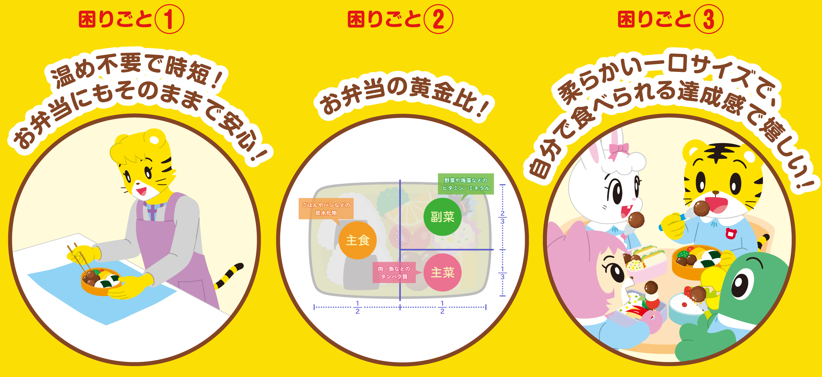 困りごと①温め不要で時短！お弁当にもそのままで安心！  困りごと②お弁当の黄金比！ごはん1/2、野菜・芋・海藻・果物:残りの2/3 タンパク質(ミートボール等):残りの1/3 困りごと③柔らかい1口サイズで自分で食べられる達成感で楽しい！
